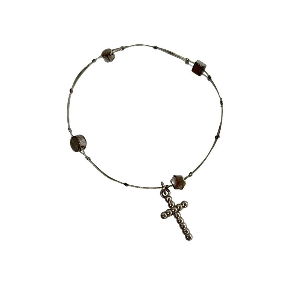 Vintage Silvertone Cross Charm Wire Bracelet Thin Bangle Blue 2.75" Diameter